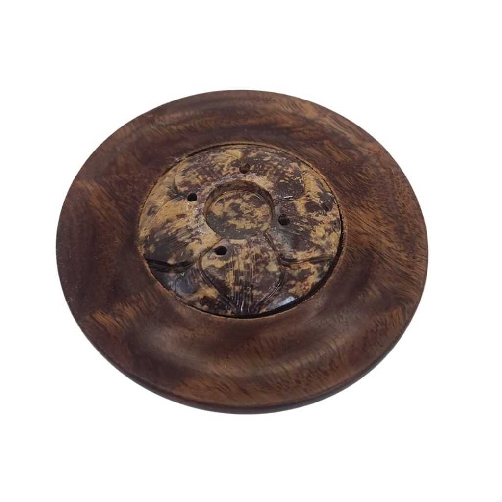 Round Wood and Soapstone Incense Holder